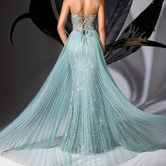 Mint Blue Strapless Sequin Embellished Gown - Picture 4 of 15